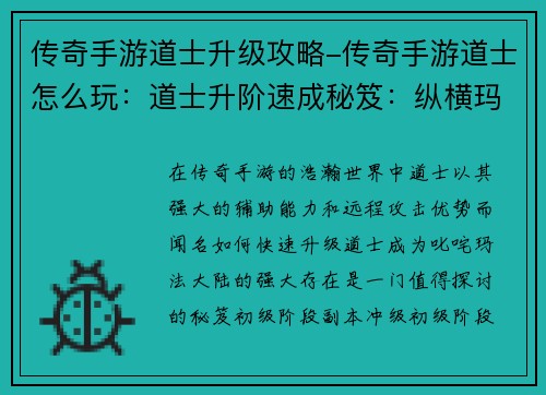 传奇手游道士升级攻略-传奇手游道士怎么玩:道士升阶速成秘笈:纵横玛法大陆